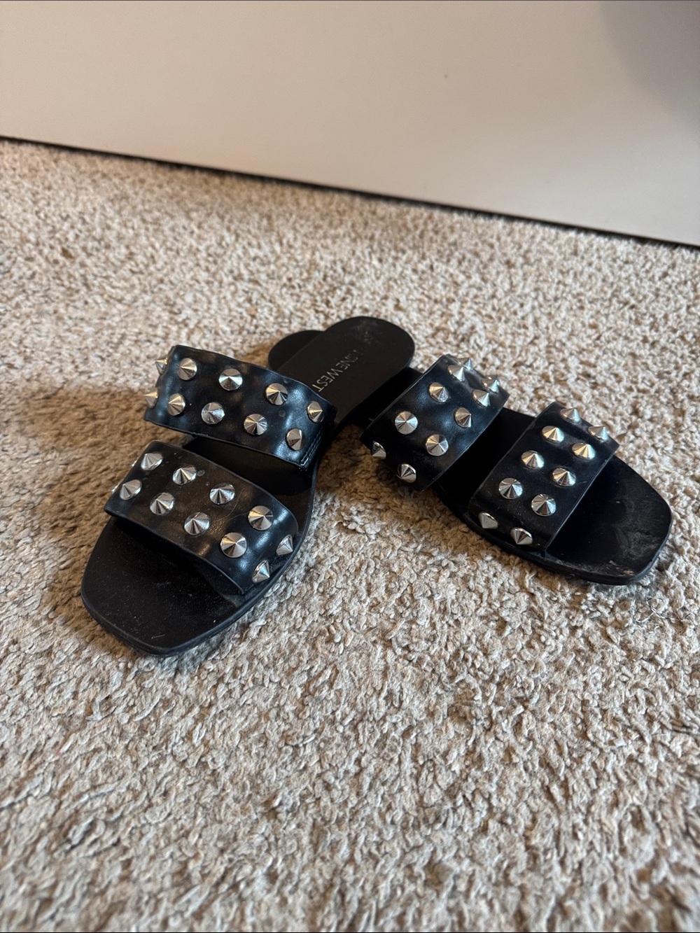 Nine West Black Studded Double-Strap Slide Sandals